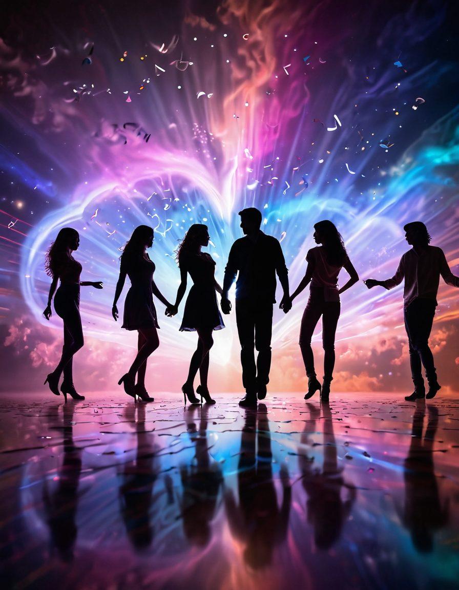 An ethereal dance floor illuminated by colorful lights, with silhouettes of people joyfully dancing. In the foreground, a beautiful heart-shaped vinyl record with musical notes cascading from it, symbolizing the union of dance and emotions. A backdrop of soft, dreamy clouds and twinkling stars enhances the celebration atmosphere. super-realistic. vibrant colors. soft focus.