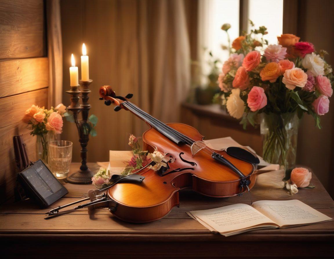 A beautifully arranged setlist on a vintage wooden table, surrounded by elegant musical instruments like a guitar and violin. Soft candlelight casts a warm glow over the scene, with delicate flowers and champagne glasses in the background, symbolizing romance and celebration. Gentle notes of music seem to flow through the air, evoking a sense of harmony and joy. The ambiance should feel intimate and inviting, with a touch of sophistication. super-realistic. vibrant colors. warm lighting.